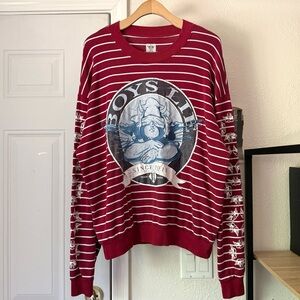 BOYS LIE burgundy red knit crew neck logo striped graphic oversized pullover